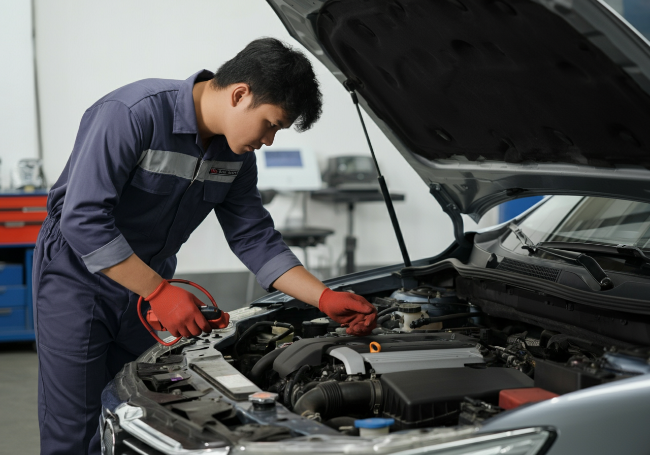 Kỹ thuật viên kiểm tra xe ô tô cũ tại Kiên Giang