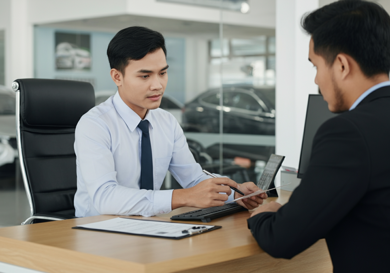 Tư vấn viên định giá xe cũ cho khách hàng tại đại lý